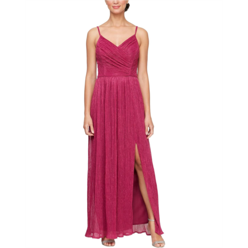 Womens Alex Evenings Long Metallic Knit Dress with Surplice Neckline and Front Leg Slit