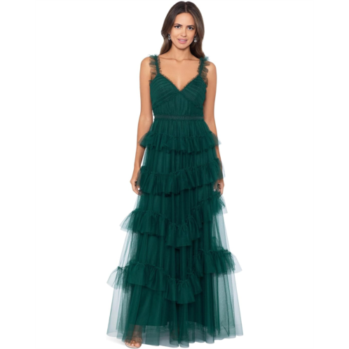Betsy & Adam Long Ruffle Tier Mesh Dress