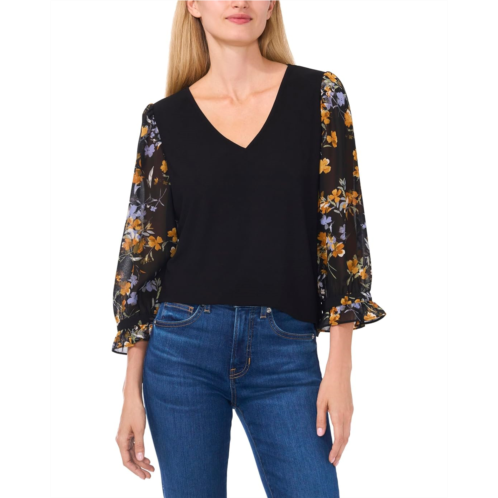 Womens CeCe V Neck Mix Media 3/4 Sleeve Top