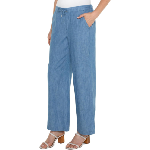 Womens Liverpool Los Angeles Chambray Mid-Rise Relaxed Wide Leg Pull On Tie Waist Pant 30