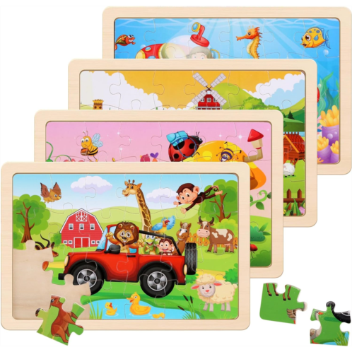 NASHRIO Wooden Puzzles Toys for Kids Ages 3-5, Set of 4 Packs Farm, Insects, Animals Theme Wood Jigsaw Puzzles, Preschool Educational Brain Teaser Toys for Boys and Girls 3-6 Years Old.