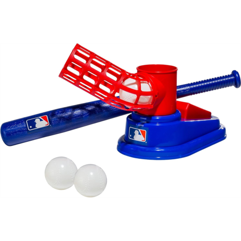 Franklin Sports Kids Baseball Pitching Machine - Pop A Pitch Baseball Batting Machine with Youth Bat + 3 Plastic Baseballs - Boys + Girls Baseball Toy,Red/Blue