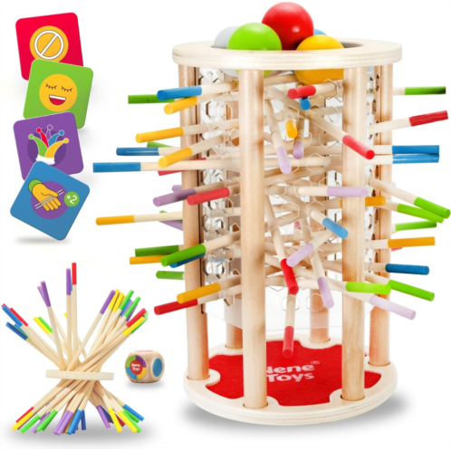 Nene Toys BALLFALL, 4-in-1 Montessori Game with Colorful Sticks, Dice & Cards for Kids 3+ Years Old - Wooden Tower Game for Boys Girls Ages 3-9, Educational Family Game for Cogniti