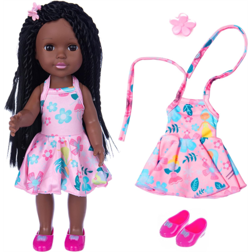 Ecore Fun 14.5 Inch Black Baby Doll Baby Girl Doll with Clothes Set African American Washable Realistic Silicone Girl Dolls with Cute Dress and Shoes