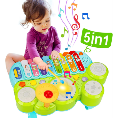 AugToy Baby Musical Toys 3 in 1 Piano Keyboard Xylophone Drum Set for 1 Year Old Girls Boys Toys Age 2 Music Instrument Learning Toys for Toddlers 1-3 Infant Baby Toys 6 9 12 18 24 Month