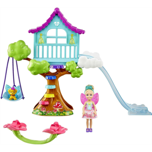 Barbie Dreamtopia Doll and Doll House, Chelsea Fairy Treehouse Playset with Accessories and Pet, Seesaw, Swing and Slide