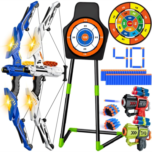 VATOS 2PCS Kids Bow and Arrow - 3 in 1 LED Archery Set for Kids 5-7, Standing Target & Sticky Target, 2 Toy Guns Dartboard Target, Indoor Outdoor Toys Gifts for Boys Girls Ages 3 4