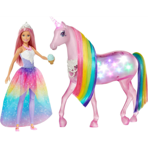 Barbie Dreamtopia Doll & Unicorn Set, Pink-Haired Fashion Doll & Magical Lights Unicorn Toy with Rainbow Mane, Lights & Sounds