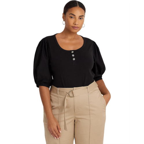 POLO RALPH LAUREN Womens Lauren Ralph Lauren Plus-Size Stretch Cotton Puff-Sleeve Henley Tee