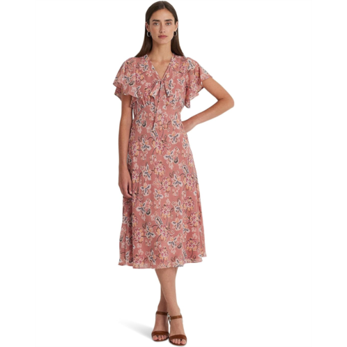 POLO RALPH LAUREN Womens Lauren Ralph Lauren Floral Crinkle Georgette Tie-Neck Dress