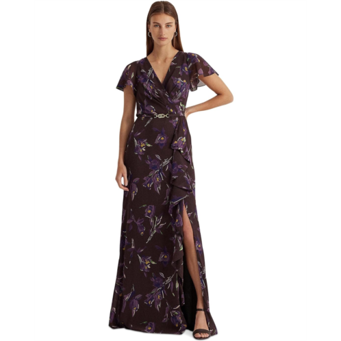 POLO Ralph Lauren Womens LAUREN Ralph Lauren Floral Belted Georgette Flutter-Sleeve Gown