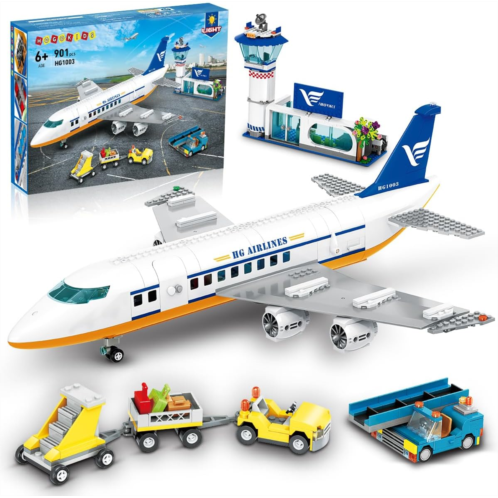 HOGOKIDS City Passenger Airplane Building Set with LED Light, 901 PCS Plane Building Blocks with Airport Terminal, Radar Tower, Luggage Trailer, Planes Model Toys Gifts for Adults