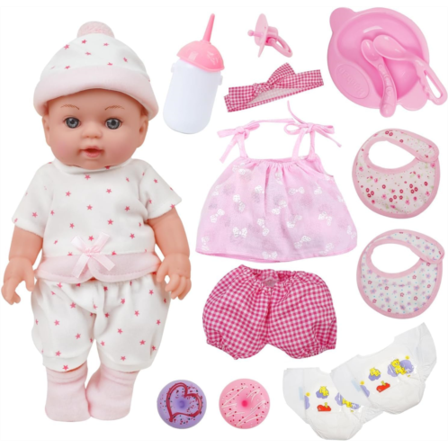 MYREBABY Realistic Baby Doll Set - 12 Inch Newborn with Clothes and Accessories Diapers Bottle Food Stuff