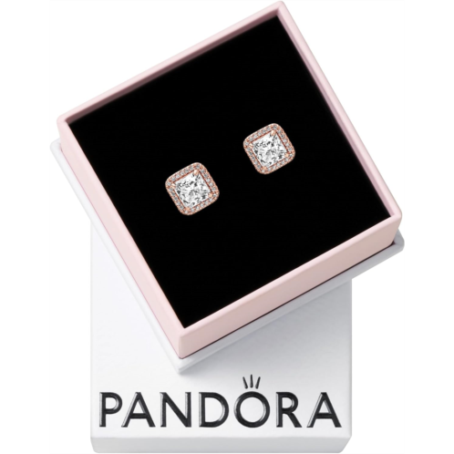 PANDORA Square Sparkle Halo Stud Earrings - Gold Earrings for Women - Great Gift for Her - 14k Rose Gold with Sparkling Cubic Zirconia, With Gift Box