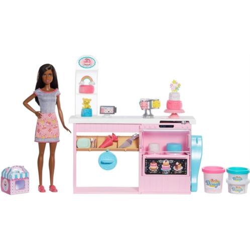 Barbie Cake Decorating Playset with Brunette Doll, Baking Island with Oven, Molding Dough & Toy Cake-Making Pieces