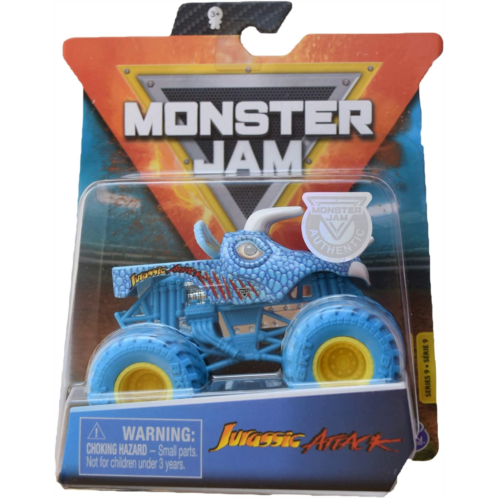 Monster Jam 2020 Spin Master 1:64 Diecast Monster Truck with Wristband: Jurassic Attack, Blue with Blue Wheels