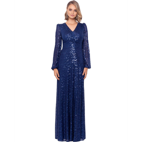 XSCAPE Long Sleeve Long V-Neck Sequin Gown