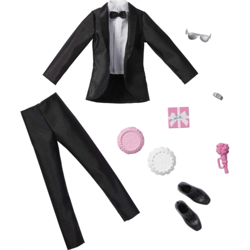 Barbie Fashion Pack: Bridal Outfit for Ken Doll with Tuxedo, Shoes, Watch, Gift, Wedding Cake with Tray & Bouquet, for Kids 3 to 8 Years Old , Black