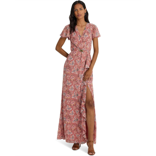 POLO RALPH LAUREN Womens Lauren Ralph Lauren Floral Belted Flutter-Sleeve Gown