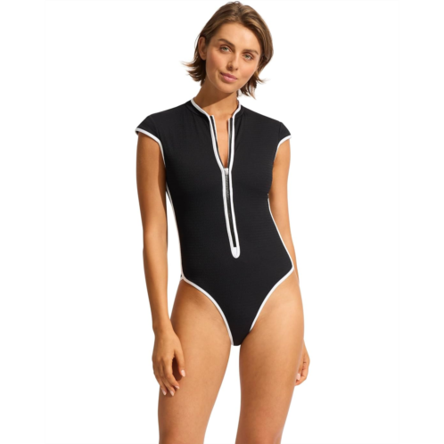 Womens Seafolly Cap Sleeve Zip Front One-Piece Swimsuit
