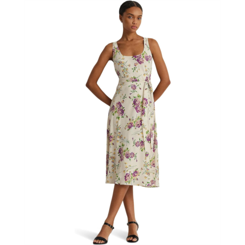 POLO Ralph Lauren Womens LAUREN Ralph Lauren Floral Belted Crepe Sleeveless Dress