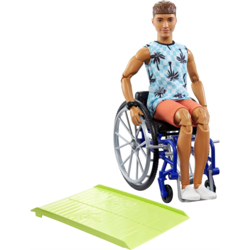 Barbie Ken Fashionistas Doll #195 with Wheelchair and Ramp Wearing Beach Shirt, Orange Shorts and Accessories