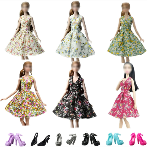 Apatsuki 6pcs Fashion Countryside Floral Dress for 11.5 Doll Clothes Party Gown Outfits + 6 Pairs High Heel Shoes 1/6