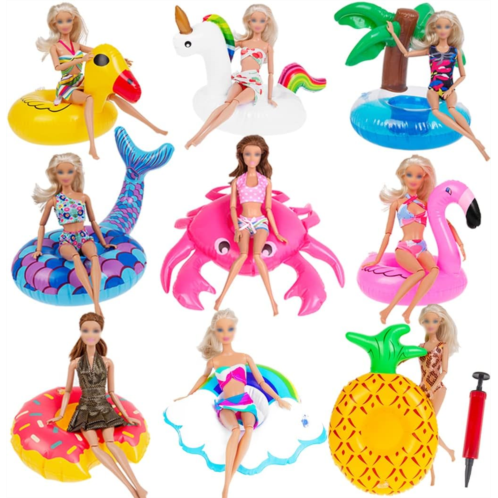 Ebuddy 9 Pack Pool Floaties for Girl Dolls Swimming Pool Party Ring Inflatable Drink Holder for 11.5 Girl Dolls Cup Coasters for Kids Pool Toys
