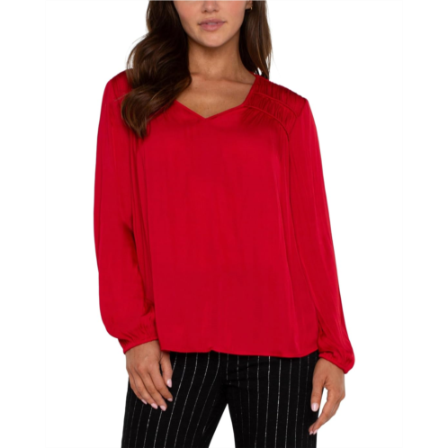 Womens Liverpool Los Angeles Long Sleeve V Neck Woven Blouse with Shirring Light Weight Textured Sateen