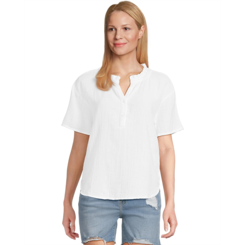 Womens Mod-o-doc Short Sleeve Ruffle Neck Henley Top