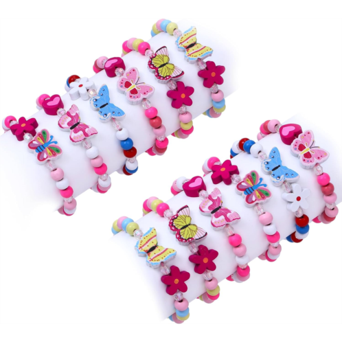 G.C 12 Pcs Girls Bracelets Jewelry for Kids Cute Butterfly Animal Pendant Colorful Wooden Beaded Bracelets Princess Pretend Play Gifts for Toddlers