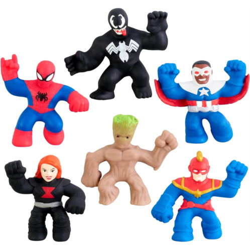 Heroes of Goo Jit Zu Marvel Minis - Mega 6 Pack. 6 Squishy, Stretchy, Gooey Mini Marvel Heroes 2.5 Tall - Spider-Man, Captain America-Sam Wilson, Venom, Captain Marvel, Groot and B