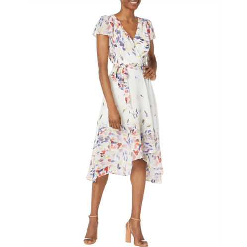 DKNY Printed Flutter Sleeve Faux Wrap Midi Dress