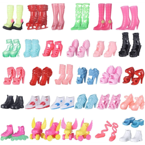 CheeseandU 30Pairs Shoes for Barbie Dolls Different Assorted Colors Fashionable Doll Shoes Replacement High Heel Shoes Doll Roller Skates Doll Boots Flat Shoes for for 12 Dolls