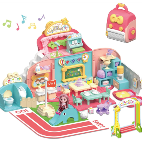 iPlay, iLearn Kids Dollhouse Toy Playset, Girls Pretend Play Doll House School Set W/ Portable Backpack and Accessories, Birthday Gifts for Age 3 4 5 6 Year Old Kindergarten Toddle