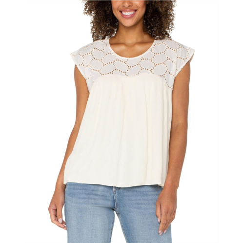 Womens Liverpool Los Angeles Short Sleeve Dolman Boat Neck Woven Blouse W Embroidery