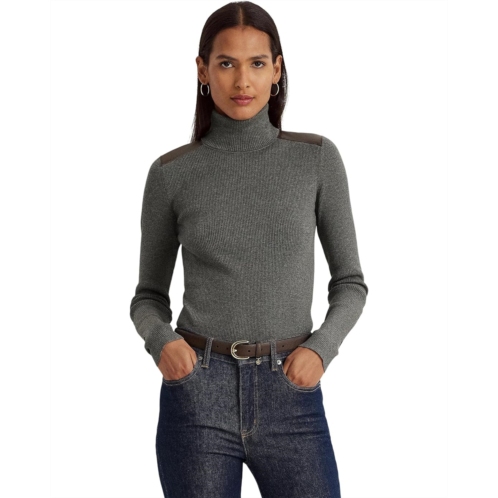 POLO Ralph Lauren Womens LAUREN Ralph Lauren Faux Leather-Trim Ribbed Turtleneck