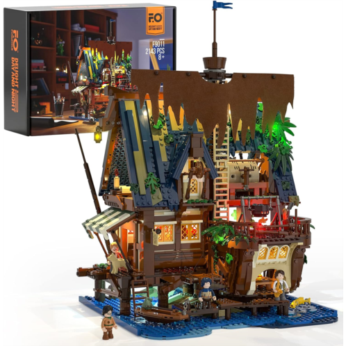 Funwhole Medieval-Pier-Inn Lighting Building Bricks Set - Retro Pirate House LED Light Construction Building Model Set 2143 Pcs for Adults and Teen