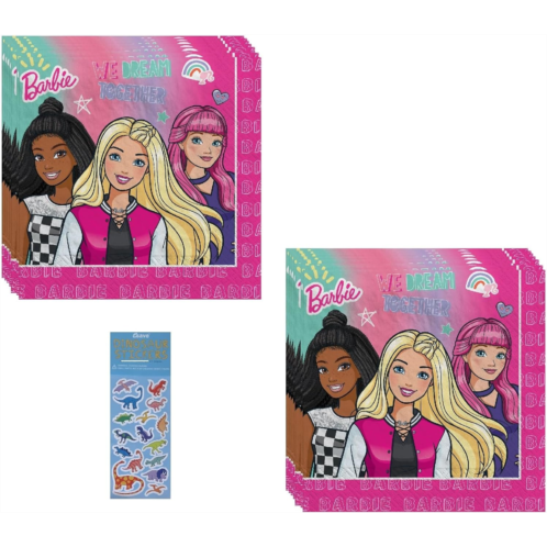 Amscan Barbie Birthday Party Supplies Bundle includes 32 Lunch Paper Napkins and 1 Dinosaur Sticker Sheet