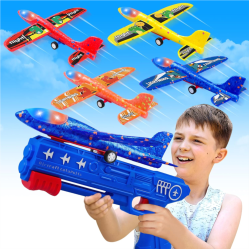 LJZJ 4 Pack Airplane Launcher Toys, 2 Flight Modes LED Foam Glider Catapult Plane, Outdoor Flying Toy for Kids, Birthday Gifts for Boy Girl 4 5 6 7 8 9 10 11 12 Year Old, B-Day Party Su