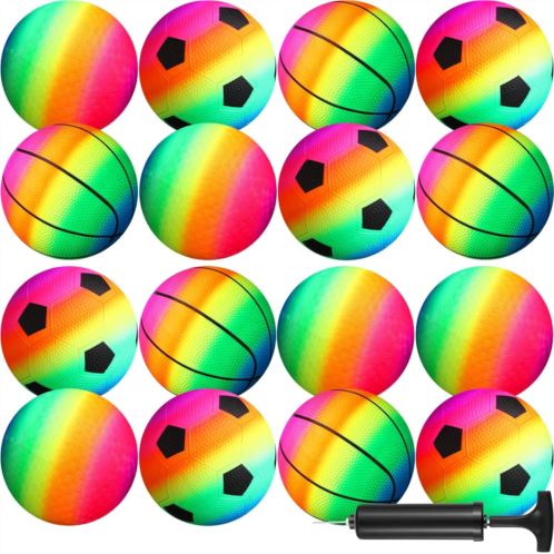 Lenwen 15 Pieces Rainbow Playground Sports Balls for Kids with 1 Hand Pump 6 Inch Inflatable Ball Basketball Soccer Kickball Dodgeball for Kids Teenagers Over 6 Indoor Outdoor Schoolyard
