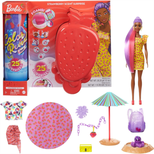 Barbie Color Reveal Foam! Doll & Pet Friend with 25 Surprises: Scented Bubble Solution, Outfits, Hair Extension, Accessories, Kid Bracelet & Charm Hidden in Sand; Sunny Strawberry-