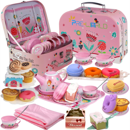 Tea Party Set for Little Girls,PRE-WORLD Princess Tea Time Toy Including Dessert,Cookies,Doughnut,Teapot Tray Cake, Tablecloth & Carrying Case,Kids Kitchen Pretend Play for Girls B