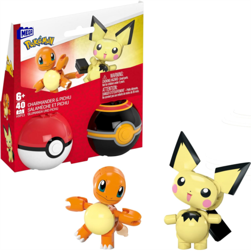 Mega Pokemon Building Toys Set Pichu & Charmander with 40 Pieces, 2 Poseable Characters and Poke Ball, 2 Inches Tall, for Kids