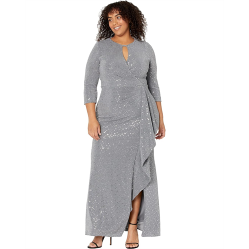 Alex Evenings Long Keyhole Neck Metallic Knit Gown with 3/4 Sleeves Side Shirred Skirt