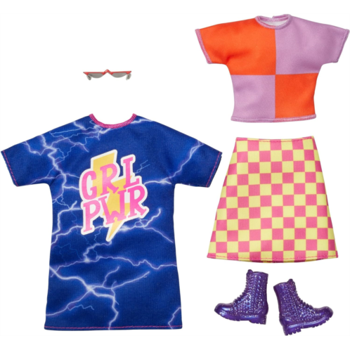 Barbie Fashions 2-Pack Clothing Set, 2 Outfits Doll Includes Color-Blocked Shirt with Checkered Skirt, a “GRL PWR” Blue Sweatshirt Dress & 2 Accessories, Gift for Kids 3 to 8 Years