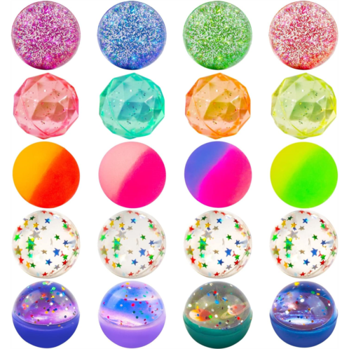 Ohanniewa Bouncy Balls for Kids 20 Pieces 5 Styles 32mm Assorted Bouncy Balls with Storage Bag for Birthday Party Favors