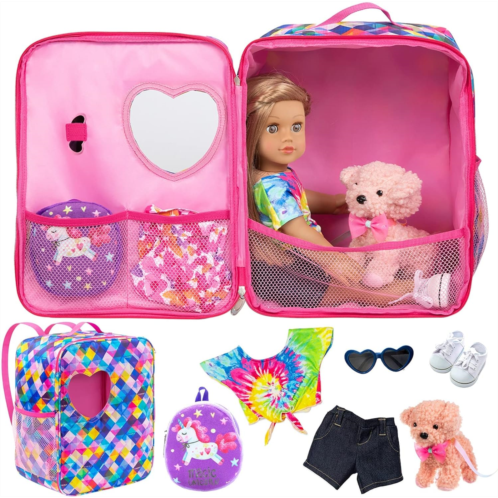 Ecore Fun 5 Items 18 inch Dolls Bag Set and Accessories Including 18 Inch Doll Clothes, Shoes, Sunglasses, Doll Backpack and Toy Dog