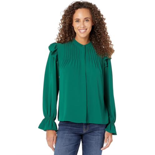 CeCe Long Sleeve Pin Tuck Blouse w/ Embroidery