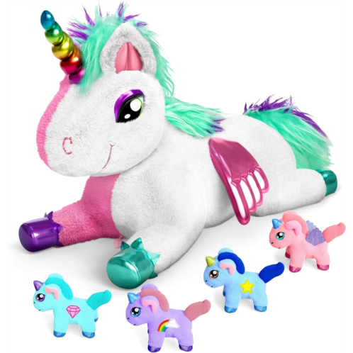 MindSprout Unicorn Mommy Stuffed with 4 Babies Inside her Tummy, for Girls 3 4 5 6 7 8 Years Old, Best Birthday Gifts, Animals Toy